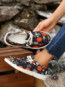 圆头撞色一脚蹬万圣节鬼南瓜蝙蝠搞怪元素时尚百搭轻便派对女款卡通帆布鞋