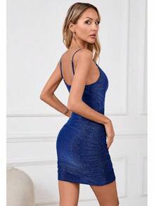 Women's Glitter Party Dresses Sexy V Neck Spaghetti Strap Faux Wrap Ruched Bodycon Sparkly Night Club Mini Dress Halloween Christmas New Year