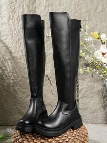 搭配礼服，女士时尚靴子欧美小众粗跟厚底轻便西部绒靴百褶靴女秋冬新款复古机车靴修身时尚骑士靴棕色长靴