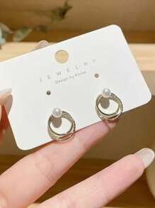 1 Pair Vintage Elegant Baroque Pearl Metal Double Circle C-Shape Open Hoop Earrings