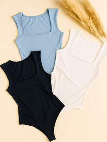 Kit 3 Women's Bodysuits Bory Thick Strap Closed Back Chic Basic Work Day Night Party Barbecue Christmas Gift Birthday - 海軍藍/淡藍色/白色 - 查看 3