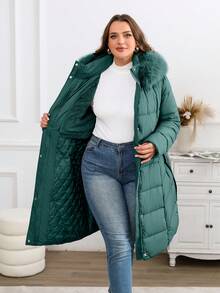 Giolshon Women's Plus Size Minimalist Long Hooded Jacket With Belt And Faux Fur Collar - Suitable For Autumn/Winter - Green - View 2