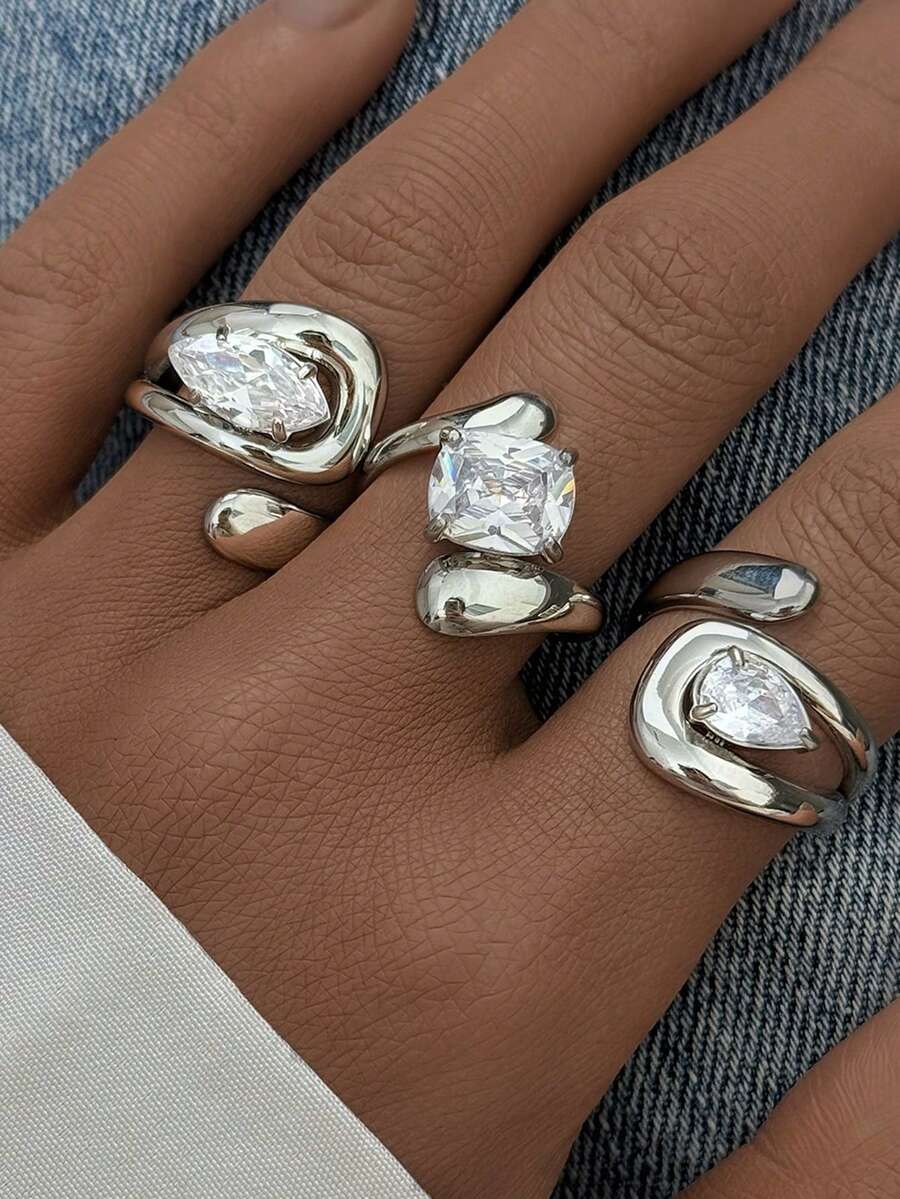 3pcs/1pc Minimalist Silver Zirconia Design Stainless Steel Rings, Accessories, Jewelry For Women, Suitable For Summer Wear - Silver - View 1