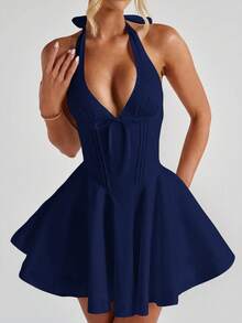 Unadoll Women's Deep V-Neck Bow Decoration Hanging Neck, Exposed Back Strap, Waist Cinching All White Sexy Short Dress, Suitable For Dating Music Festivals, Back To School Clothes, Cocktail Events, Christmas