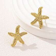 1 Pair Geometric Pearl & Starfish Stud Earrings - Vàng B - Xem 7