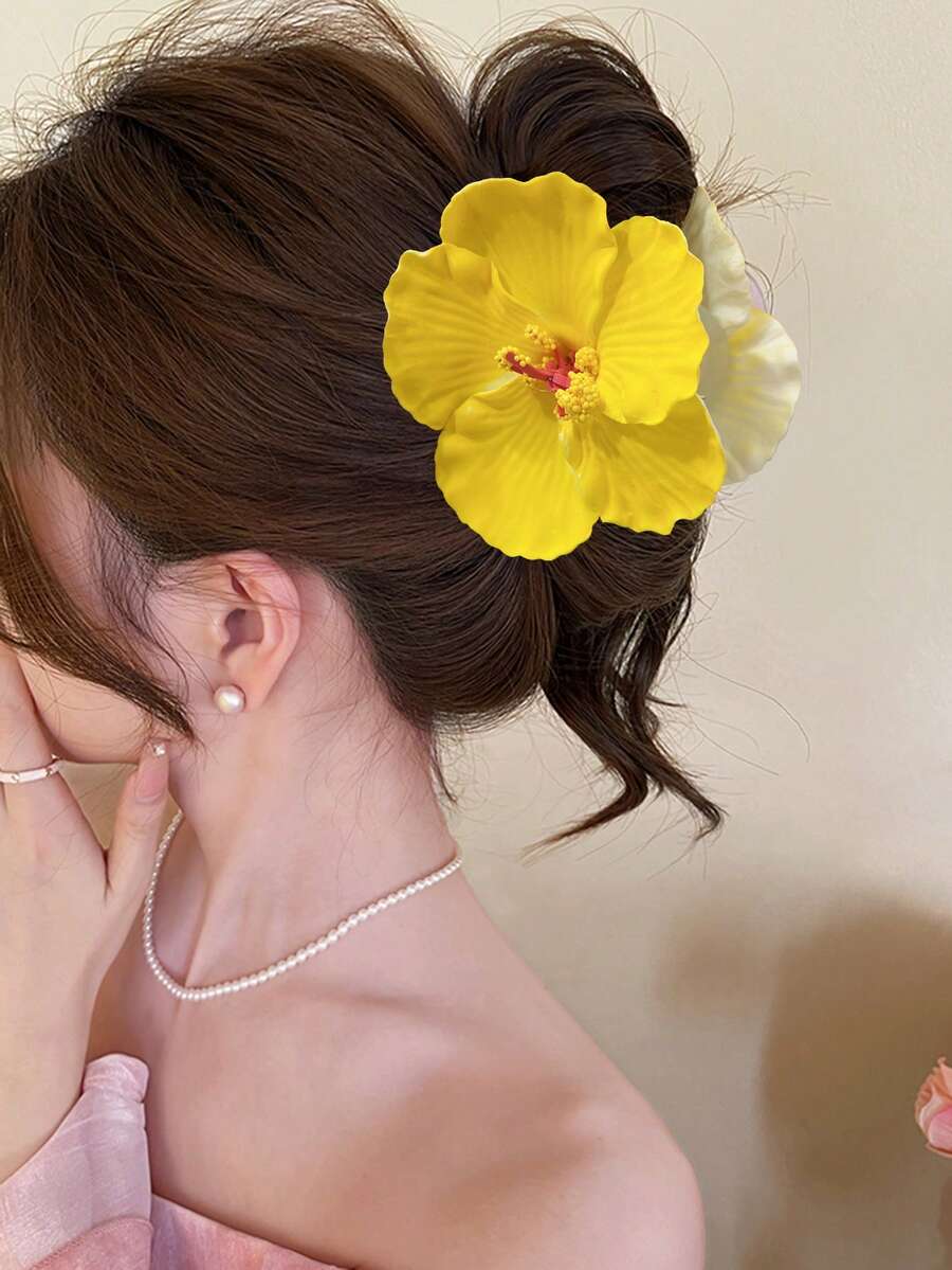 1 件 10 厘米纯色大号仿花发夹，夏威夷花卉设计，甜美优雅，适合校园、派对、婚礼、度假装束发饰女士爪夹秋季配饰