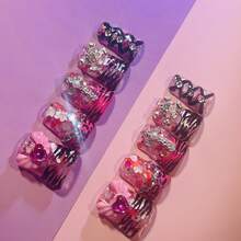 10pcs Y2K Red Nails Chic Short Duckbill Press On Nails Set - Handcrafted With Shiny Rhinestones, Zebra Stripes, Hearts, And Crystal Accents, Features Pink Black And French Tip Style, Perfect For Parties & Casual Attire, Suitable For Wedding Parties And Daily Wear, Includes Tool Kit For Easy Application. - 彩色 - 查看 5