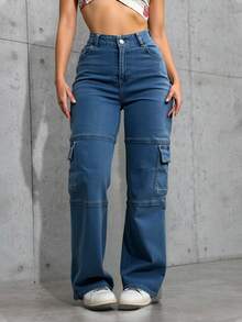 Pantalón Cargo Mezclilla Stretch Mujer Corte Recto Bolsas Laterales - Azul lavado medio - Ver 3