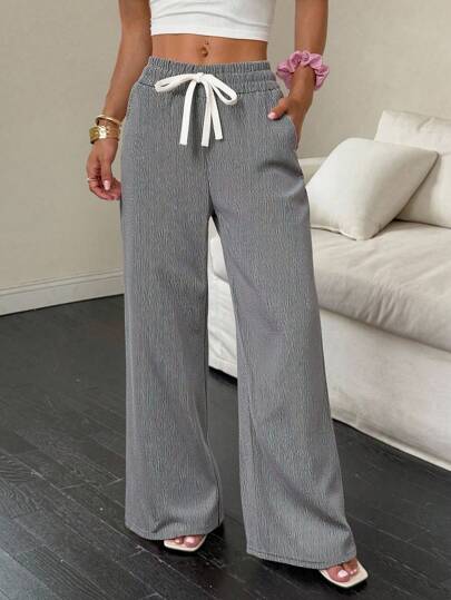 Pantalones deportivos de pierna ancha para mujer, pantalones casuales holgados, elásticos de cintura alta con bolsillos