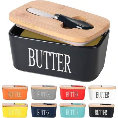 1pc Butter Dish With Bamboo Lid & Knife, Ceramic Butter Box, Ceramic Butter Keeper, Butter Dishes With Covers - High-Quality Silicone Sealing, And Easy-Clean Design, Butter Containe For Kitchen And Home Decor, For Outdoor, Camping, Perfect Kitchen Gift For Butter Lovers
