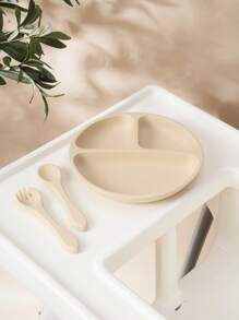 PopLittleOne 3 件装婴儿食物储存硅胶碗宝宝防水叉勺吸盘硅胶餐盘纯色婴儿餐具