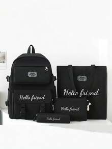 四件套，定制背包、手提包、手拿包、铅笔袋、单肩包、收纳包，一套定制，时尚简约，适合学校、大学、高中、初中、小学，大容量，可折叠，多口袋，可定制姓名，DIY礼物，开学季、毕业季，女包、男包，同款，适合旅行，旅行必备，包包，背包 - 黑色 - 查看 12