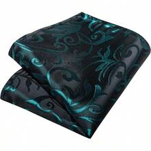 Silk Floral Necktie Set With Tie Clip, Handkerchief & Cufflinks - Black and Teal - View 6