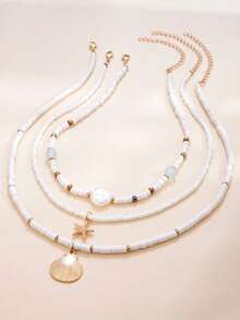 3件套夏季女孩海滩度假风格海星和贝壳串珠多层项链 - 均碼 - 查看 4