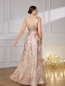 SUPGIR Women's Elegant V-Neck Sleeveless Backless Slim-Fitting Sequin Ball Gown Maxi Evening Dress