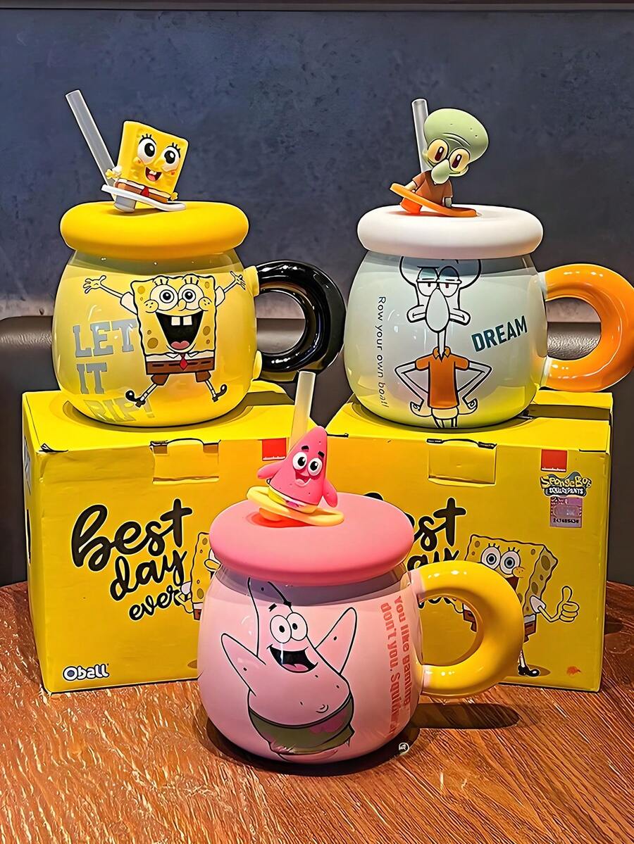 SpongeBob SquarePants كوب سيراميك عالي الجودة معتمد رسميًا مع غطاء - كوب ماء للزوجين/الغرفة المشتركة/العائلة. هذا كوب سيراميك عالي الجودة معتمد رسميًا مناسب للاستخدام المنزلي. يمكن استخدامه كوعاء إفطار أو كوب حليب. تم طباعة جسم الكوب بنمط كرتوني جميل، مقاوم للحرارة، مظهر فاخر، مناسب للرجال والنساء. - متعدد الألوان - مشاهدة 1