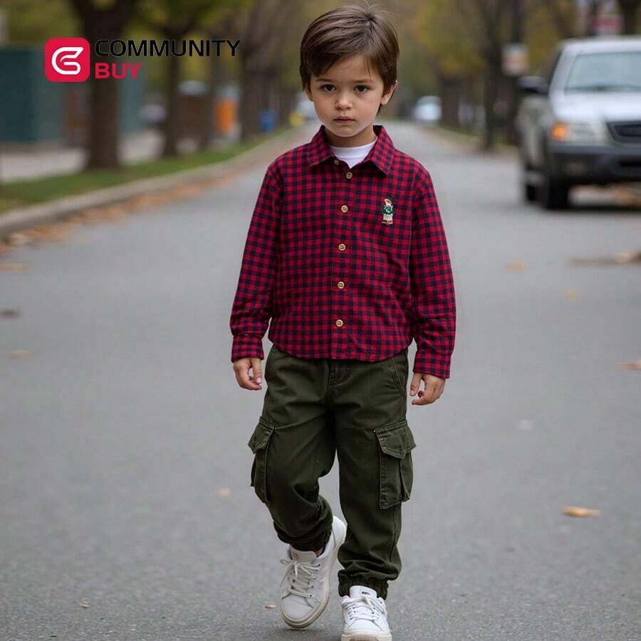 Camisa de manga larga para niños, camisa de solapa para niños bordados de dibujos animados