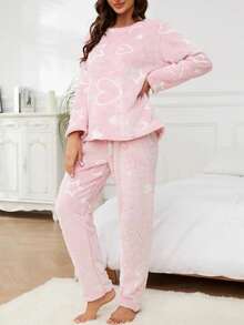 2pcs Women Fluorescent Cute Heart, Star, Moon Flannel Casual Thickened Warm Sleepwear Set, Crew Neck Long Sleeve Top And Elastic Waist Pants, Suitable For Spring, Summer, Autumn, Winter, Fall Clothes, Fluffy Pajama, Cozy - Pink - View 4