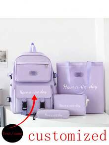 4pcs/Set Customized Backpack, Handbag, Clutch, Pencil Case, Shoulder Bag, Storage Bag, Fashion Minimalist Design, Suitable For School, University, High School, Middle School, Elementary, Large Capacity, Foldable, Multi-Pocket, Customizable Name, DIY Gift, Back To School, Graduation Season, Women & Men, Matching Set, Suitable For Travel, Travel Essential, Bags, Backpack - Purple - View 8