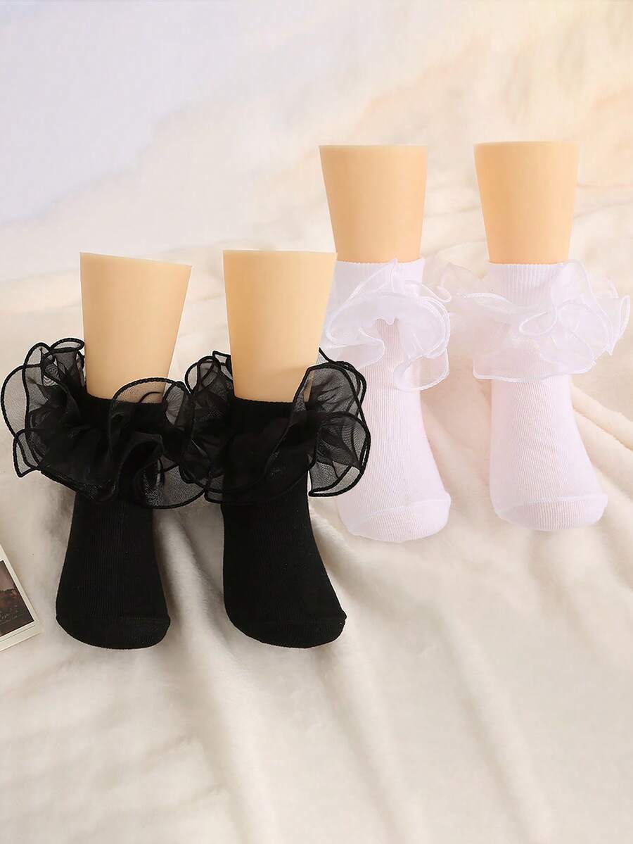 2 Pairs Baby Girl Sweet Cute Solid Color Ruffle Trim Short Socks, Student Socks, Versatile Daily Wear Socks, Suitable For Back To School Season - Black and White - View 1