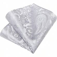 Conjunto de corbata de seda con estampado floral, incluye pinza de corbata, pañuelo y gemelos - Paisley gris plateado - Ver 9