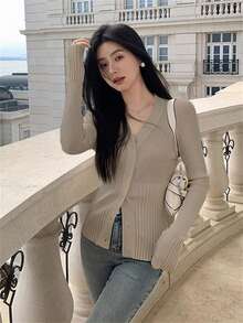 V-Neck Design, Fine Buckle, Long Sleeve, Ribbed Knit Cardigan, Essential For Women In Autumn/Winter And Back To School Season - Khaki - View 4