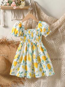 1pc Girls Countryside Fresh Lemon Ditsy Floral Ruffle Collar Puff Sleeve Dress, Spring/Summer - Yellow - View 1