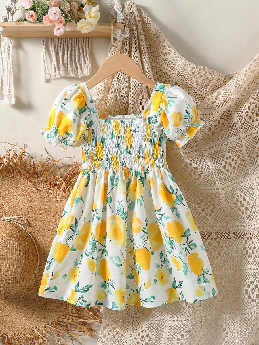 1pc Girls Countryside Fresh Lemon Ditsy Floral Ruffle Collar Puff Sleeve Dress, Spring/Summer - Yellow - View 1
