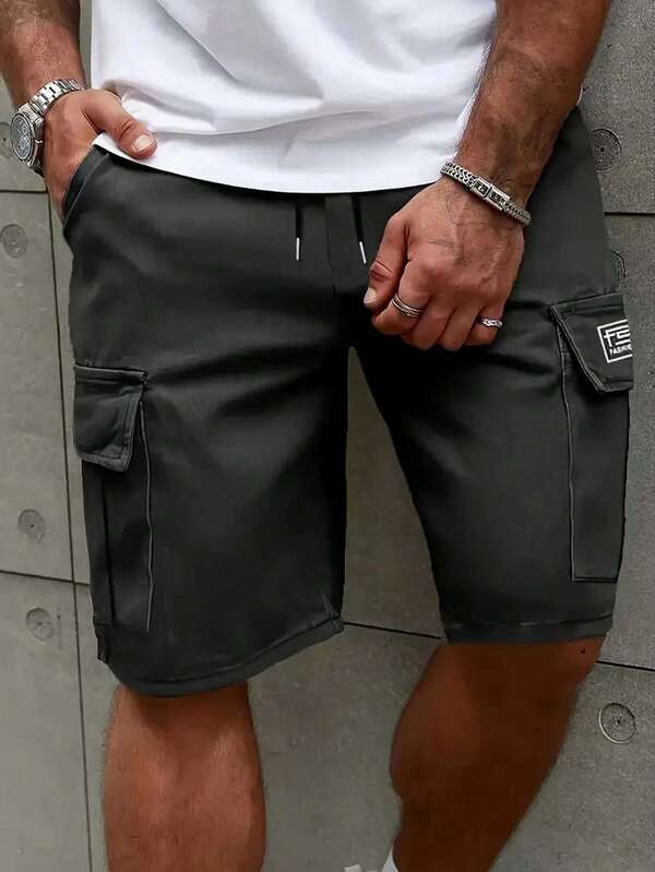 男士新款时尚多口袋工装短裤，字母印花，纯色，直筒裤，休闲抽绳腰部