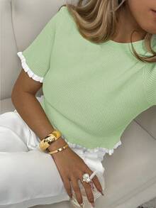 Women's Elegant Holiday/Graduation Knit Top, Casual Short Sleeve Cream Yellow Ruffle Hem Knit Pullover Sweater, Summer - Mint Green - View 1