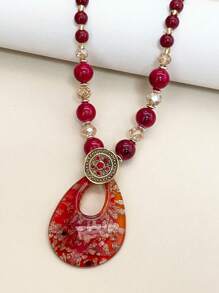 1pc Fashionable Boho Glass Water Drop Pendant Necklace,Vintage, Holiday Gift For Women