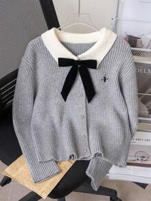 Áo cardigan nữ tay dài thêu họa tiết, phối màu tương phản, cổ áo nơ, kiểu dáng sinh viên thu/đông, phong cách đường phố thường ngày. - Xám - Xem 9