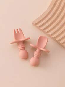2PCS Personalized Customization Name Baby Silicone Spoon Fork Solid Color Kids Utensils Feeding Training Stuff Soft Print On Demand Baby Tableware - Multicolor - View 17