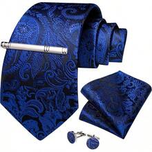 Silk Floral Necktie Set With Tie Clip, Handkerchief & Cufflinks - Royal Blue Floral - View 10