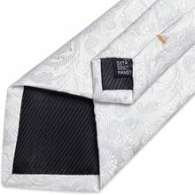 Conjunto de corbata de seda con estampado floral, incluye pinza de corbata, pañuelo y gemelos - Blanco sólido - Ver 4