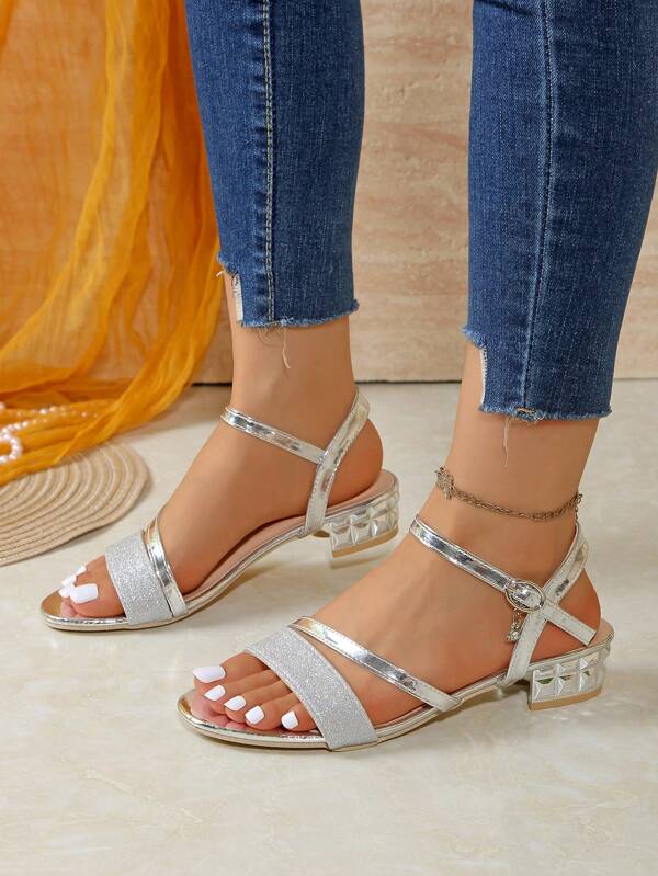 Girls' Glittery Flat Sandals, Fashion Buckle Closure Open Toe Casual Daily Party Sexy Chunky Heel Silver Sandals For Teenagers