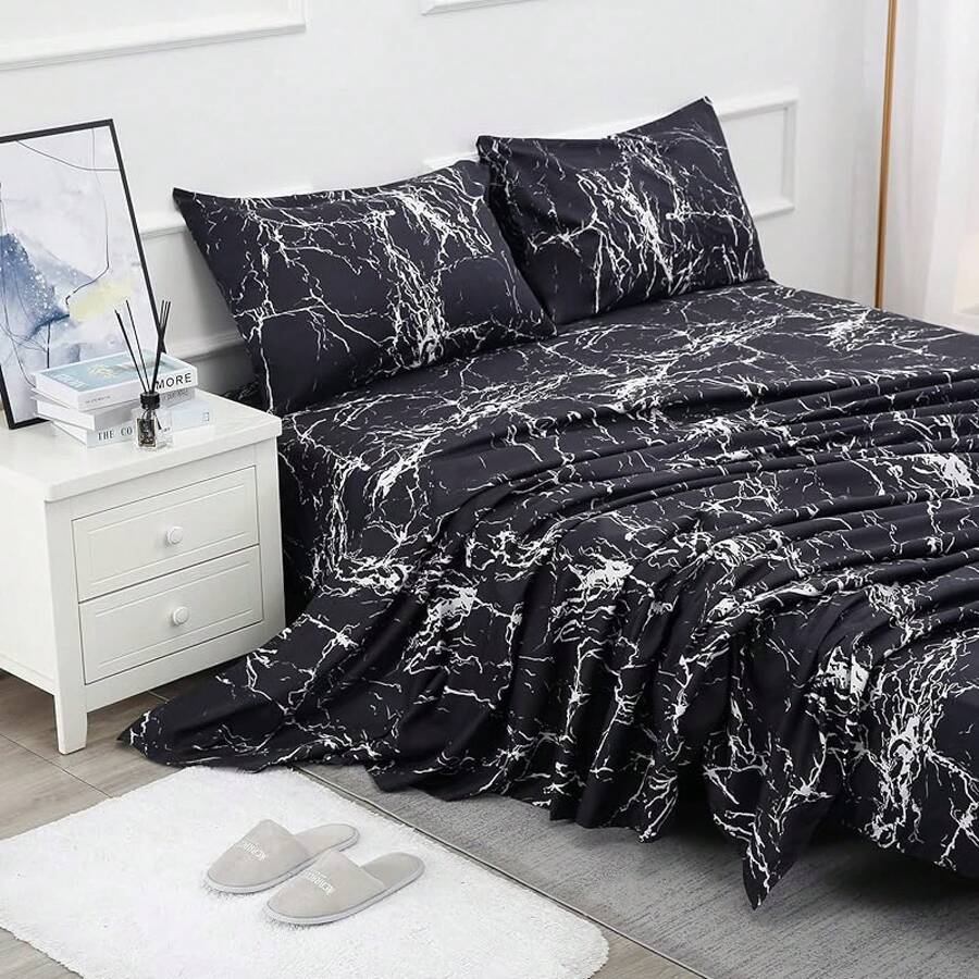 Best Season 4 Piece Bed Sheet Set - Full Size - Soft Microfiber Bedding Sheet Set, Deep Pocket, Stain, Fade & Wrinkle Resistant (Plaid Black & White), Luxury Comfortable - Đá cẩm thạch đen - Xem 1