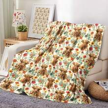 Cozy Floral Highland Cow Print Flannel Throw Blanket - Soft, Warm & Versatile For  , Adds A Modern Touch To Your Home, Creating A Comfortable Bedroom Style.   Suitable For All Seasons, Polyester,    Washable, Machine Washable, Lightweight, Breathable, Comfortable, Warm, Unique,280gsm, Suitable For Him And Her, Suitable For Napping, Camping, Traveling, Family, Daily Life Office Decoration, Birthday Anniversaries, Valentine's Day, Thanksgiving, Christmas, Halloween, Mother's Day, Father's Day, Weddings, New Year Gifts For Her, Him, Family, Boyfriend, Girlfriend Father, Family Member, Mother, Lover, Daughter, Son, Grandfather, Grandmother, Friend,  Classmate And Pet. Sofa,Bed,Car,Bedroom,Living Room,Office, Outdoor Camping, Beach,Wall Decoration Ships From USA - 多色4 - 查看 5