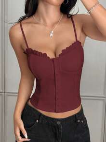 Sunny Girly Fall Women Clothes Y2k Back To School A Sexy And Pure Style Button-Down Front Button-Fitted Halter Top Romantictops Going Out Tops Women - Burgundy - View 7