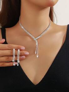 5 piezas Juego de collar, aretes, pulsera y anillo con incrustaciones de lujo de rhinestones, para uso diario, boda, fiesta y regalos festivos para mujer - Conjunto de collar exquisito - Ver 20