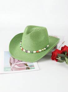 1 件纯色波西米亚休闲草编宝石牛仔帽，海滩度假防晒草帽，男女通用，适合通勤，四季皆宜