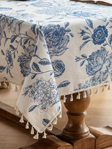 1 件蓝色花卉流苏桌布，复古风格，带流苏，涤纶纤维材质，可水洗，适用于床头柜、餐桌、咖啡桌、沙发套、农舍家居、家庭用餐、厨房、晚餐、派对、感恩节、秋季装饰、四季装饰 - 藍色 - 查看 16