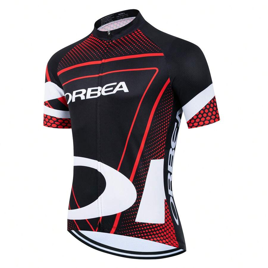 2025 Men's Cycling Jersey, Colorblock Letter Print Short Sleeve Top For Mountain/Road Bike Riding, Summer Sports - Red - View 1