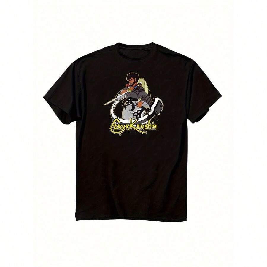 Men'S CoryxKenshin Graphic Tee - 100% Cotton, Short Sleeve, Round Neck - Comfortable & Casual All-Season Wear, Machine Washable, Black With Animated Character Design - 白色 - 查看 1