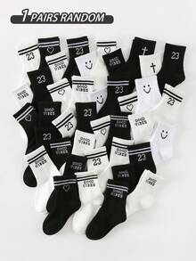 1/5/10/20双装儿童袜子，经典黑/白/灰三色可选，字母“Good Vibes”/双横心/简约人脸图案，亲肤柔软舒适透气，时尚休闲运动中筒袜，适合返校、假期、送礼、学生、户外运动、旅行、日常搭配，颜色随机发货 - 彩色 - 查看 6