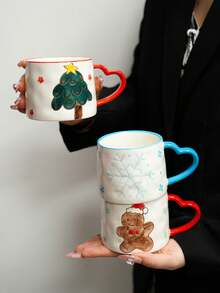 1 件圣诞陶瓷杯，欧洲节日图案礼品咖啡杯，带雪花和圣诞树的可爱少女陶瓷杯，心形创意手绘咖啡杯，圣诞礼物 - 彩色 - 查看 4