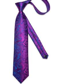 Silk Floral Necktie Set With Tie Clip, Handkerchief & Cufflinks - Hot Pink and Blue - View 7