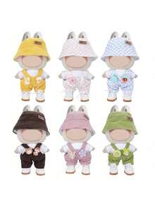 (Solo ropa) Nuevo conjunto de moda de 17 cm de muñeca Labobo de 1ra/2da/3ra generación sentada - Gorro cubo, camiseta blanca, conjunto de pantalones con babero para Labubu