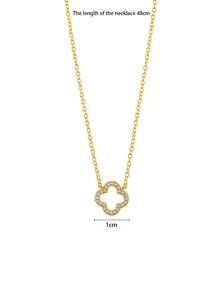 1 件 S925 纯银方晶锆石镂空三叶草/花朵项链，时尚颈链，生日、情人节、日常、派对、周年纪念珠宝礼物 - 金色 - 查看 5