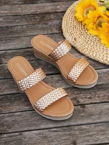 2026 Nuevas sandalias de cuña con decoración tejida de colores brillantes para mujer, estilo de vacaciones, sandalias de verano con tira, punta abierta, suela gruesa, adecuadas para citas, compras, ir al trabajo, playa - Oro rosa - Ver 5